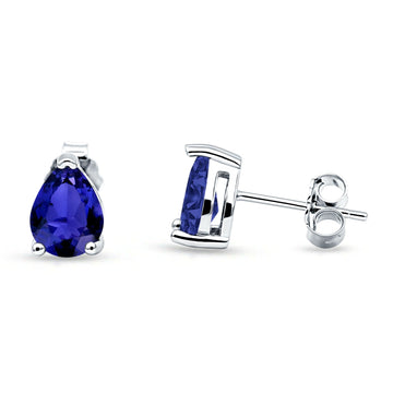 Art Deco Pear Shape Solitaire Push Back Stud Earring Excellent Simulated Blue Sapphire CZ 925 Sterling Silver